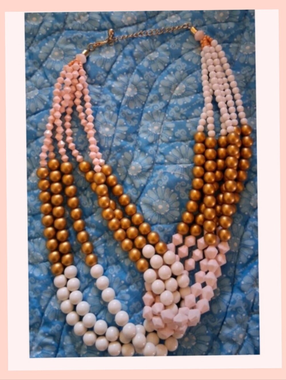 Multi-Strand Pink, White & Gold Beaded Statement Necklace
